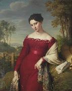 Portrait of a young lady in a red dress with a paisley shawl Eduard Friedrich Leybold